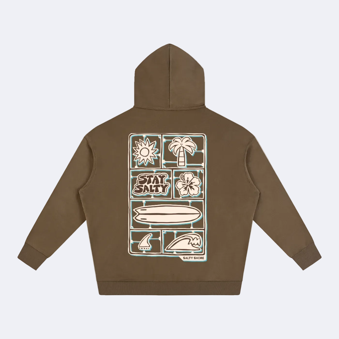 A brown pullover hoodie shown from the back, featuring a large rectangular graphic print with surf-themed illustrations and the words 'STAY SALTY' in the center.