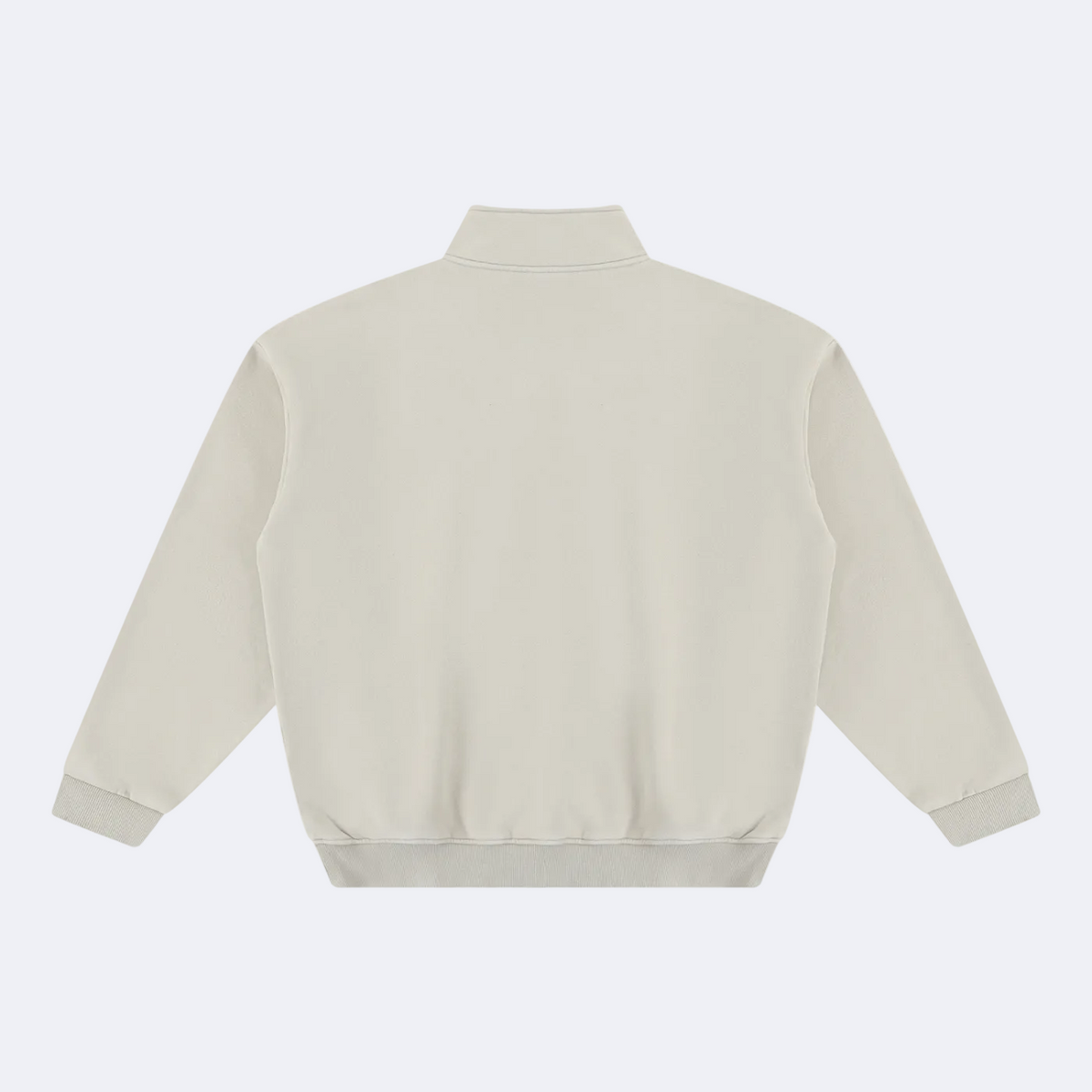 A light cream-colored long-sleeve sweatshirt shown from the back, featuring a mock neck collar, ribbed cuffs, and a ribbed hem, displayed on a solid white background.
