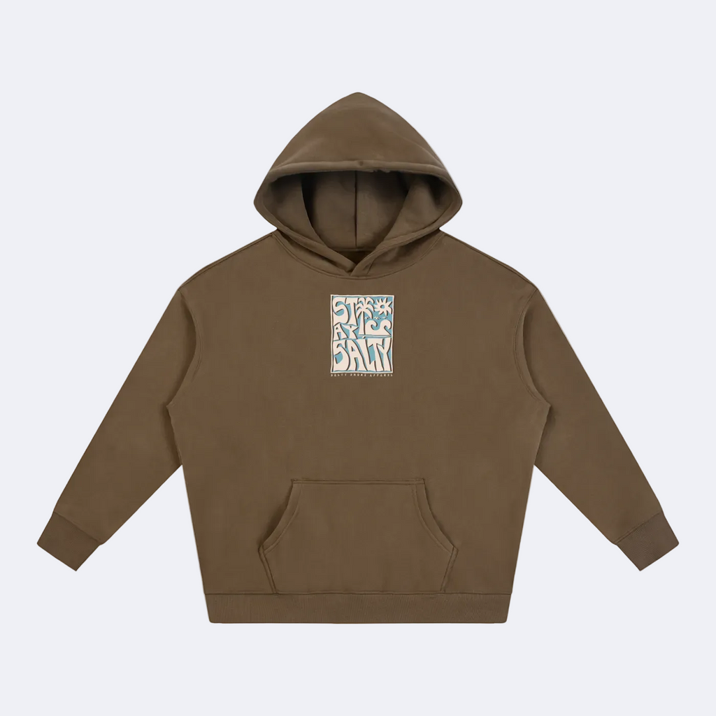 Brown hoodie with a "Stay Salty" logo on a white background