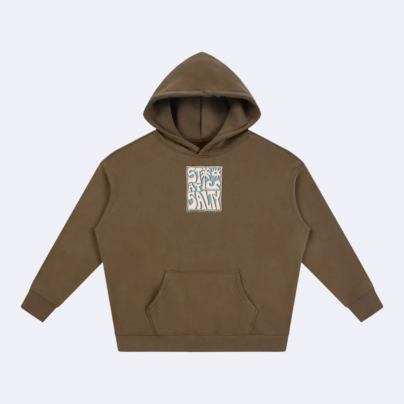 Brown hoodie with a "Stay Salty" logo on a white background