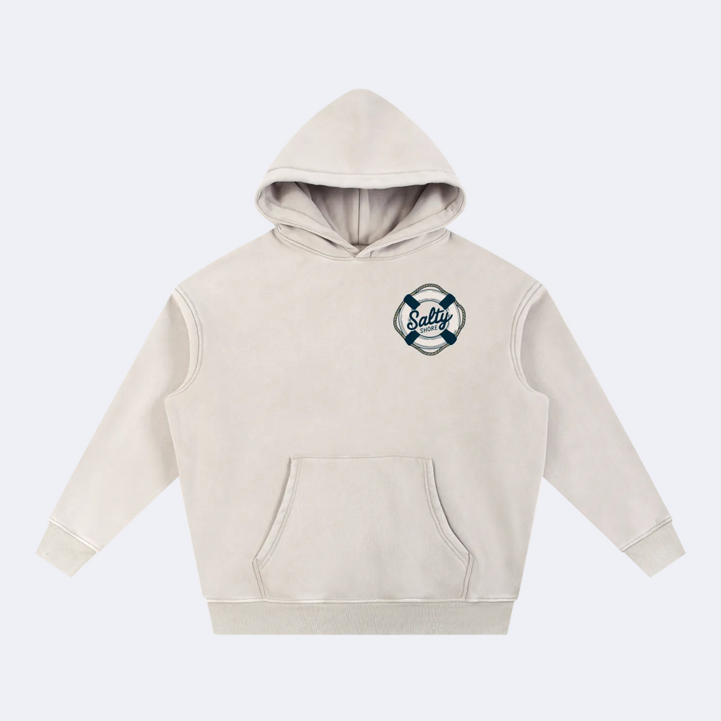 Beige hoodie with a black cross design on a white background