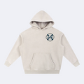 Beige hoodie with a black cross design on a white background