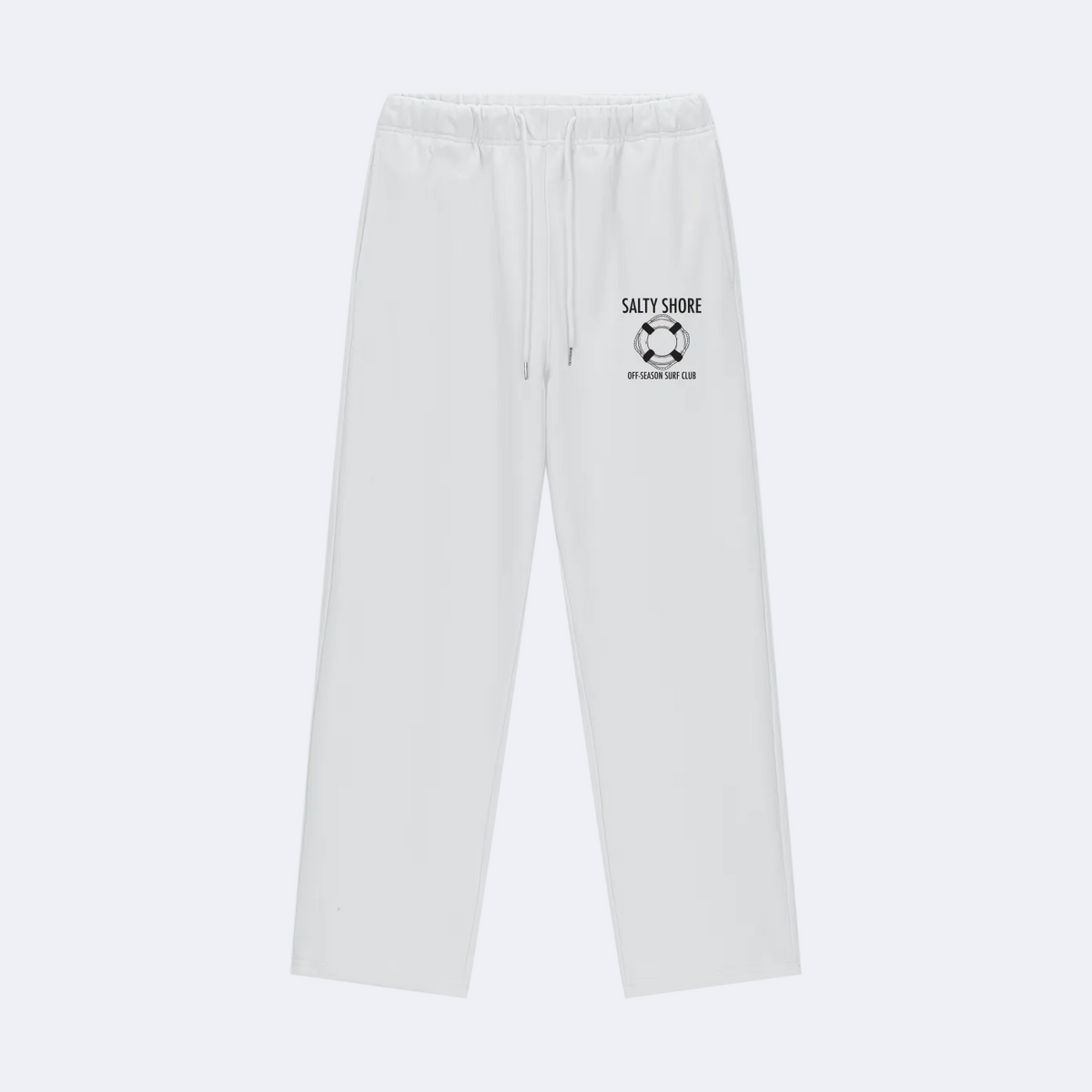 White sweatpants with a logo on a white background