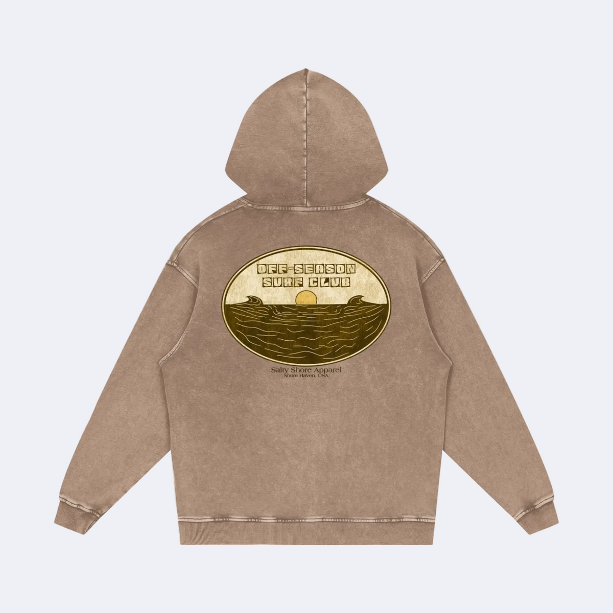 A brown acid-wash hoodie shown from the back, featuring a large circular graphic print with a sunset and ocean waves, and the text 'OFF THE BEACH OFF THE COAST'.