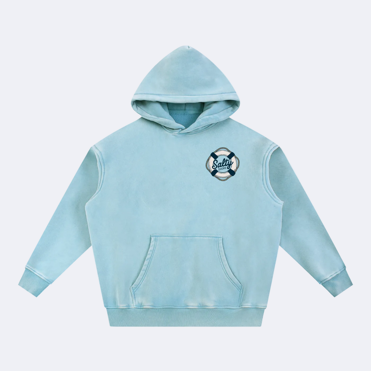 Light blue hoodie with a buoy design saying Salty Shore.