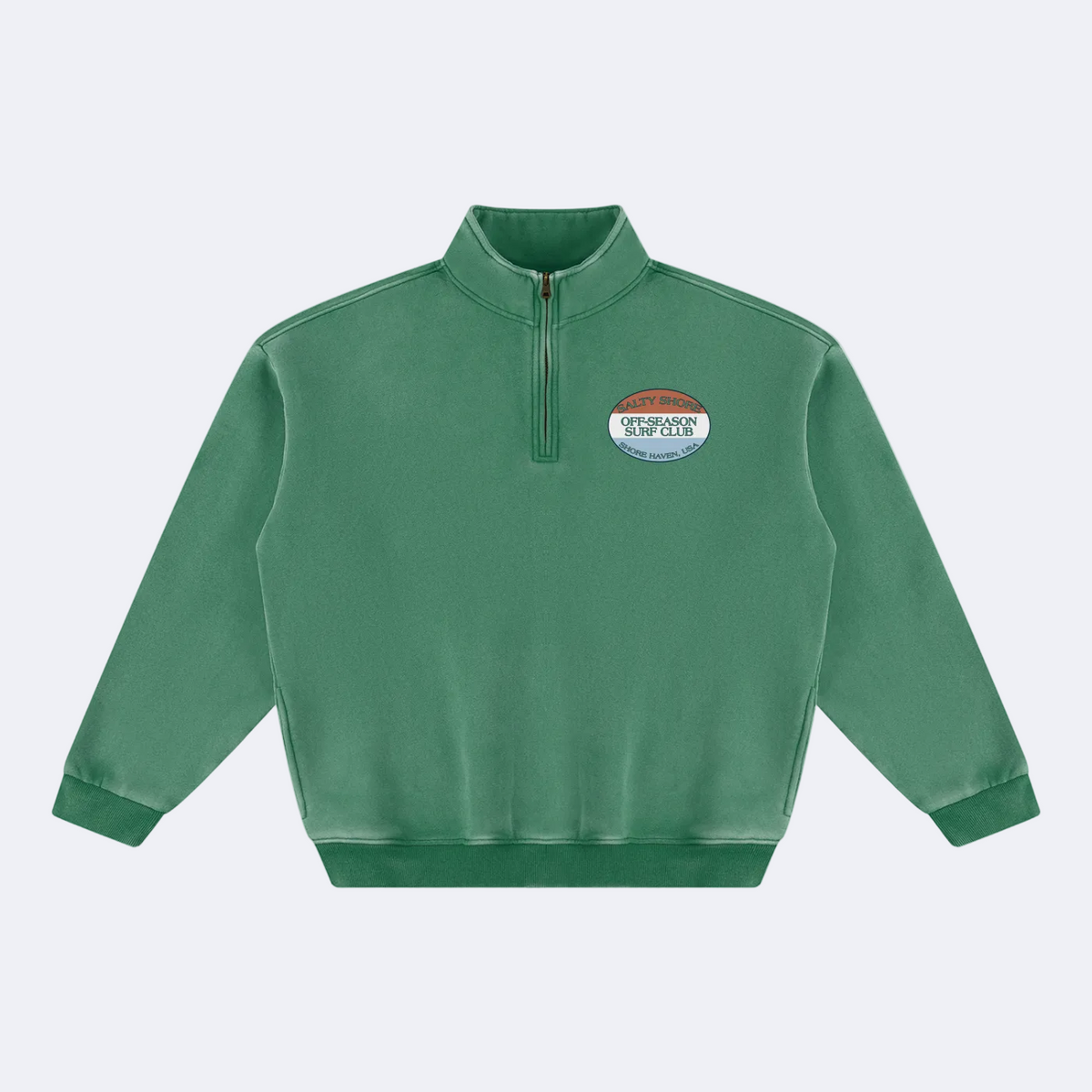 A green long-sleeve quarter-zip sweatshirt with a mock neck collar and a small oval chest graphic, displayed on a solid white background.