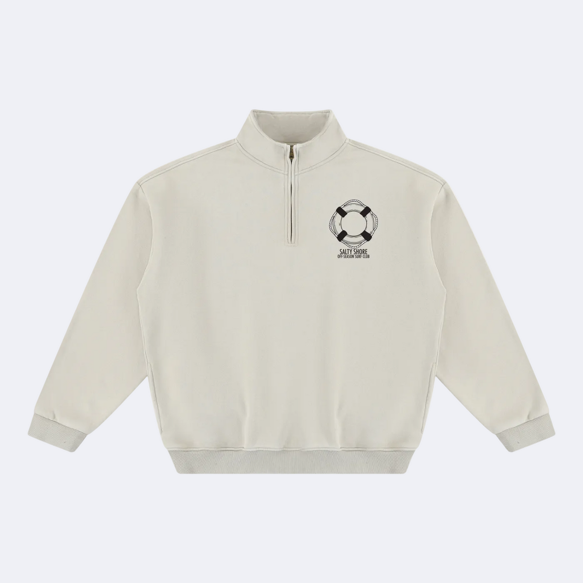 An off-white quarter-zip sweatshirt with a black and white life preserver graphic and the text 'SALTY SHORE' printed on the left chest, displayed on a clean white background.