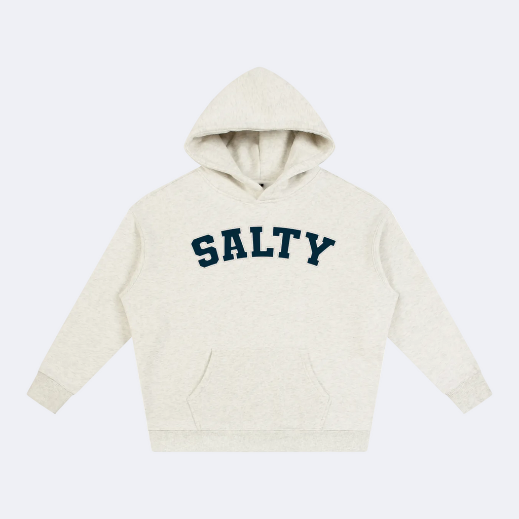 An off-white heathered hoodie with the word 'SALTY' printed in navy blue varsity block letters across the chest, displayed on a clean white background.