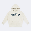 An off-white heathered hoodie with the word 'SALTY' printed in navy blue varsity block letters across the chest, displayed on a clean white background.