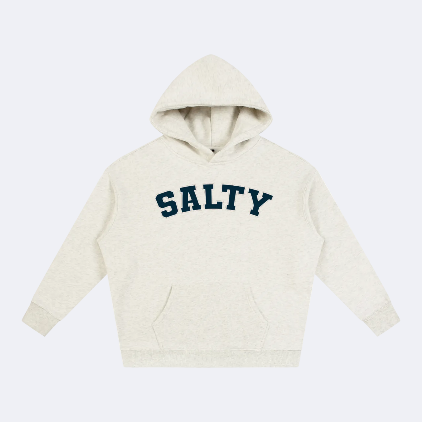 An off-white heathered hoodie with the word 'SALTY' printed in navy blue varsity block letters across the chest, displayed on a clean white background.