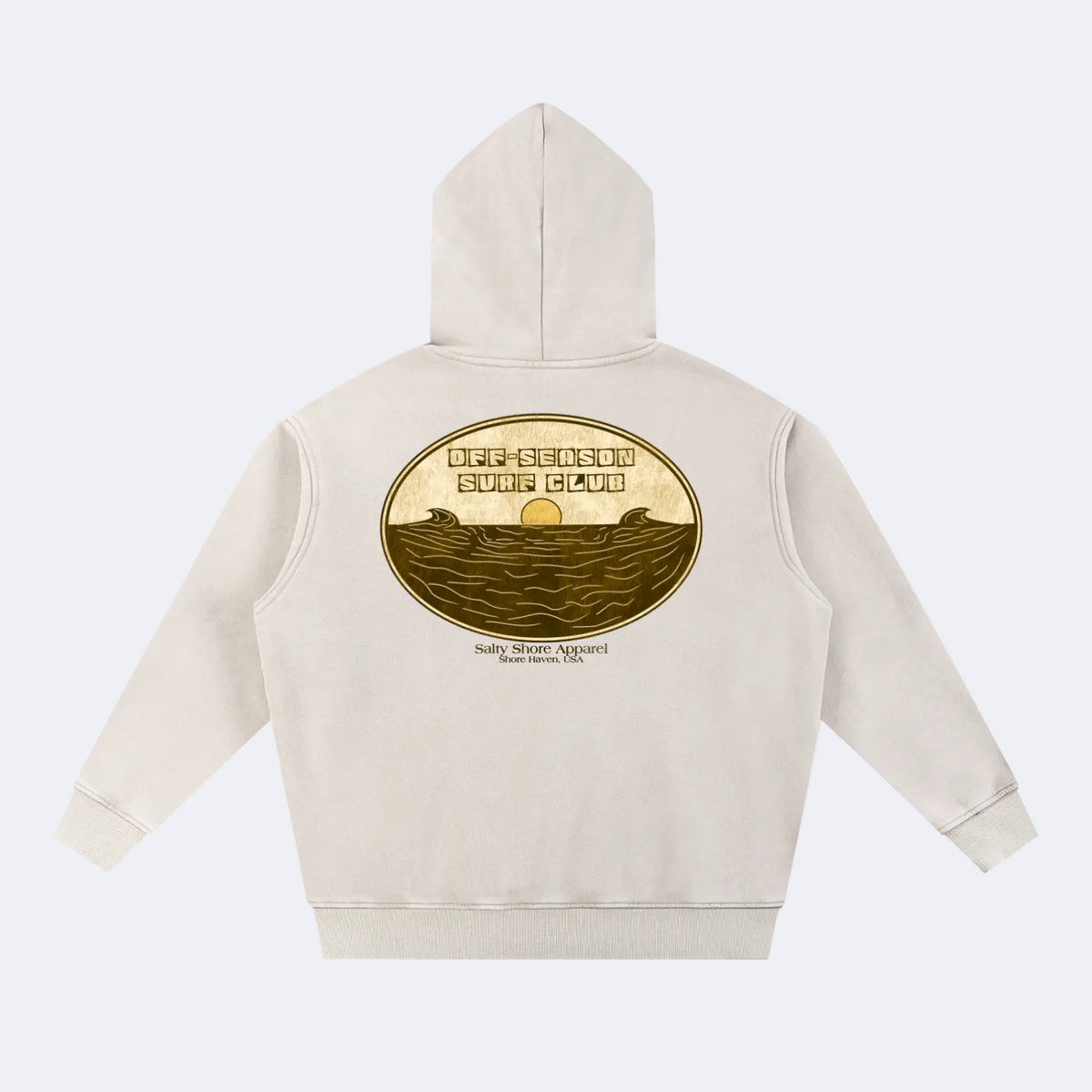 A light beige hooded sweatshirt shown from the back, featuring a large circular graphic print with a sunset over ocean waves and the text 'OFF-SECTOR SURF CLUB' and 'SALT AIR SURFERS FC'.