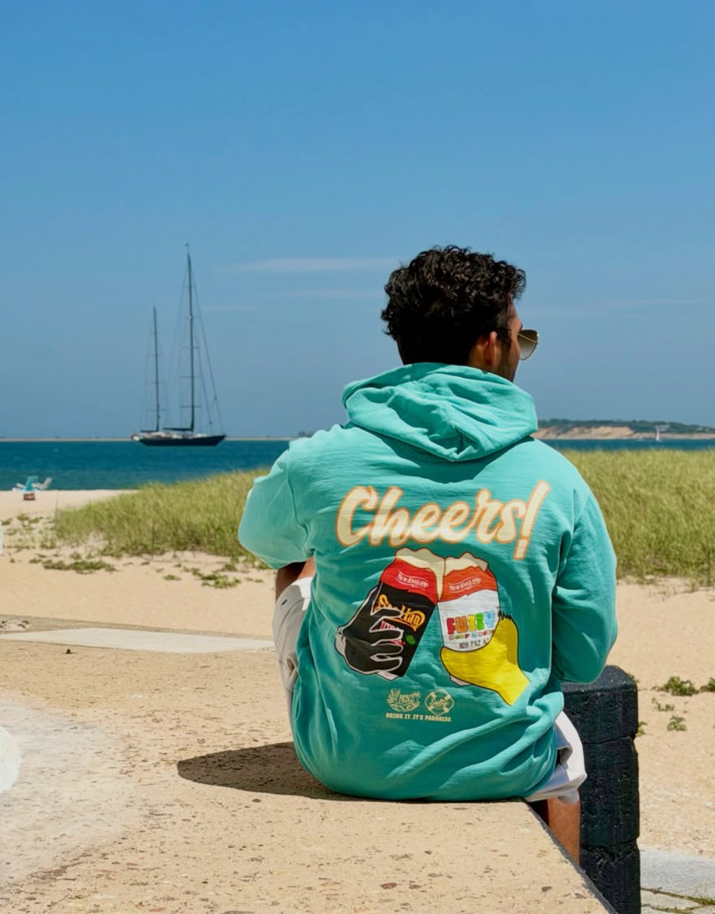 A screenshot of an Instagram post showing a person from behind wearing a bright turquoise hoodie with a colorful graphic on the back, sitting on a beach. 