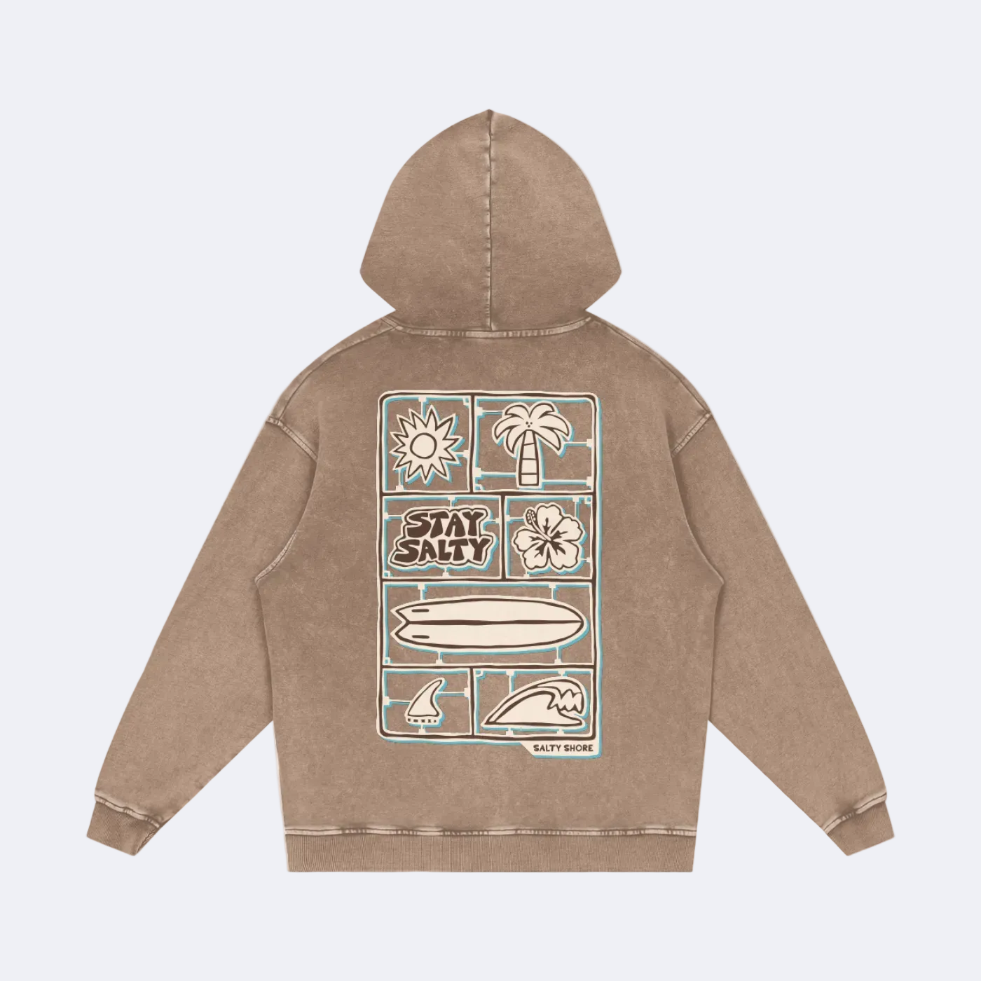 A brown acid-wash hoodie shown from the back, featuring a large graphic print with beach-themed illustrations and the text 'STAY SALTY' on a white background.