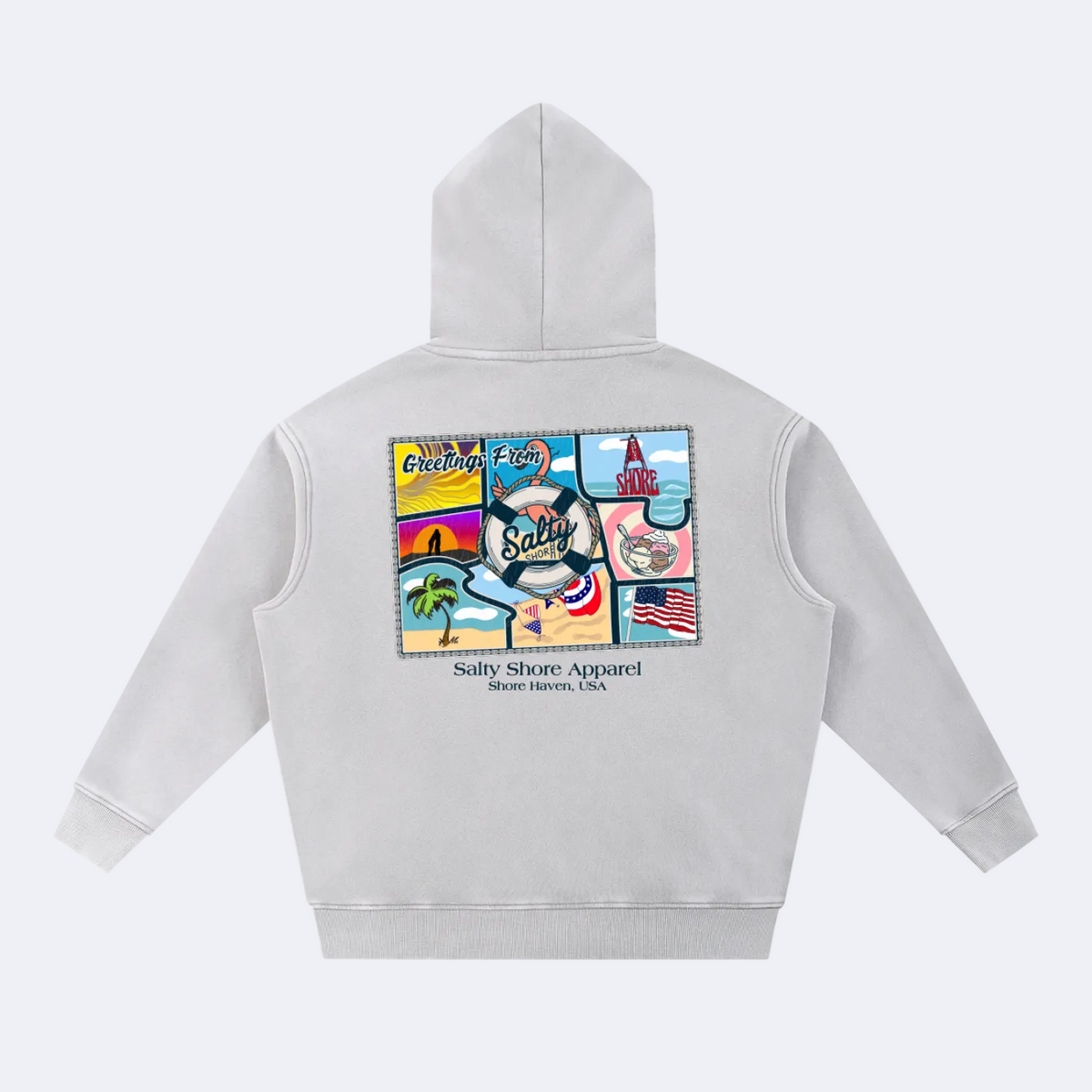 A light gray pullover hoodie shown from the back, featuring a colorful graphic collage with the text 'Sally Share Apparel' and 'Sport Harves, USA' printed below it.