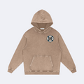 A washed, acid-wash style brown hoodie with a circular graphic on the left chest featuring the text 'Sandy' in white script over a blue and white striped background. The hoodie is displayed flat against a solid white background.