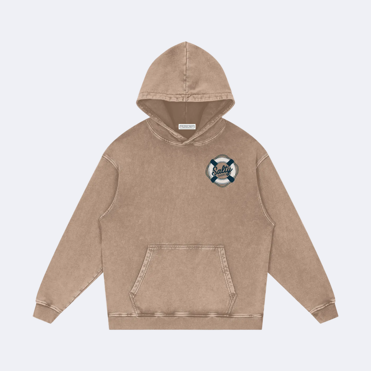 A washed, acid-wash style brown hoodie with a circular graphic on the left chest featuring the text 'Sandy' in white script over a blue and white striped background. The hoodie is displayed flat against a solid white background.