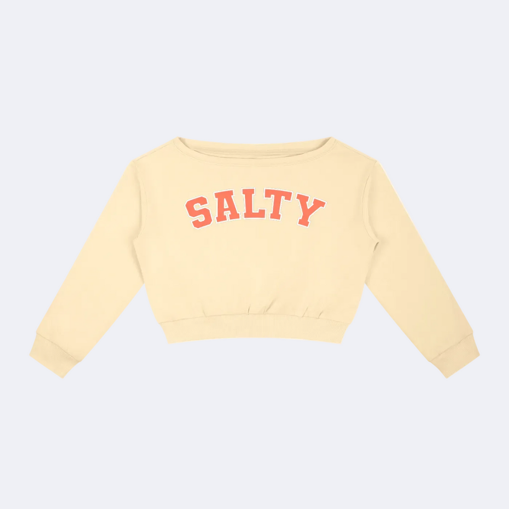 A cream-colored cropped sweatshirt with 'SALTY' printed in coral pink across the chest, displayed flat against a solid white background.