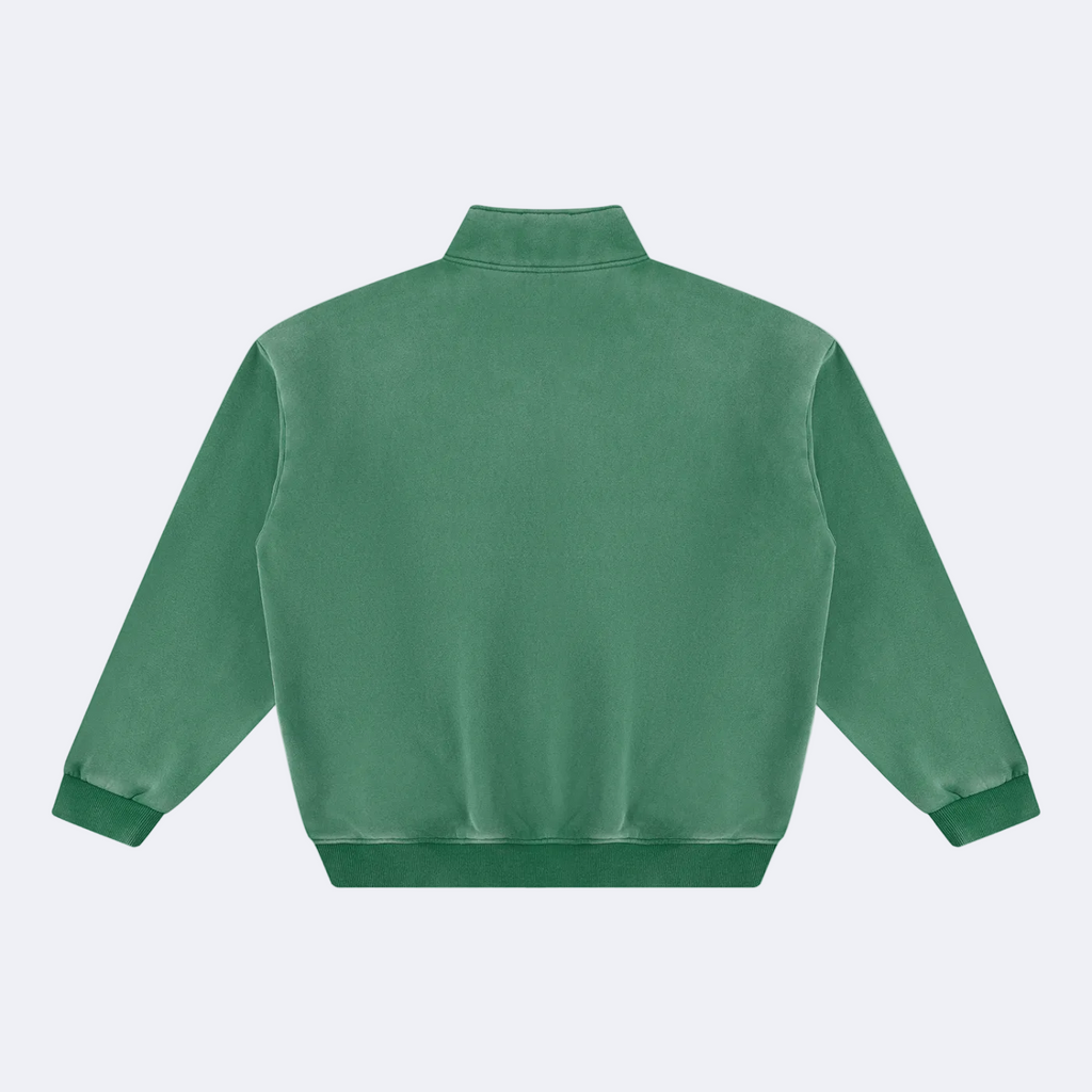 A green long-sleeve jacket with a mock neck collar, ribbed cuffs, and a ribbed hem, shown from the back on a plain white background.