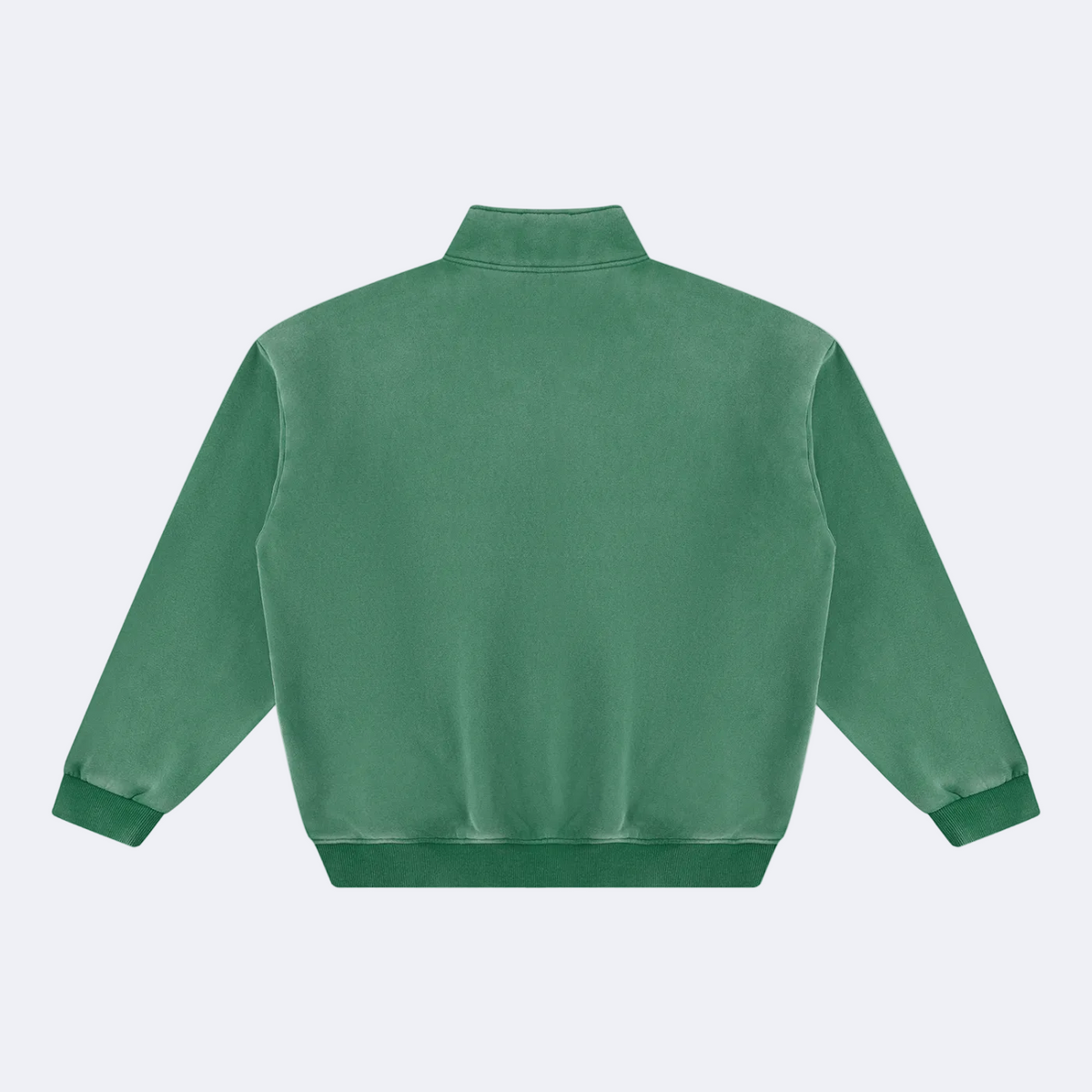 A green long-sleeve jacket with a mock neck collar, ribbed cuffs, and a ribbed hem, shown from the back on a plain white background.