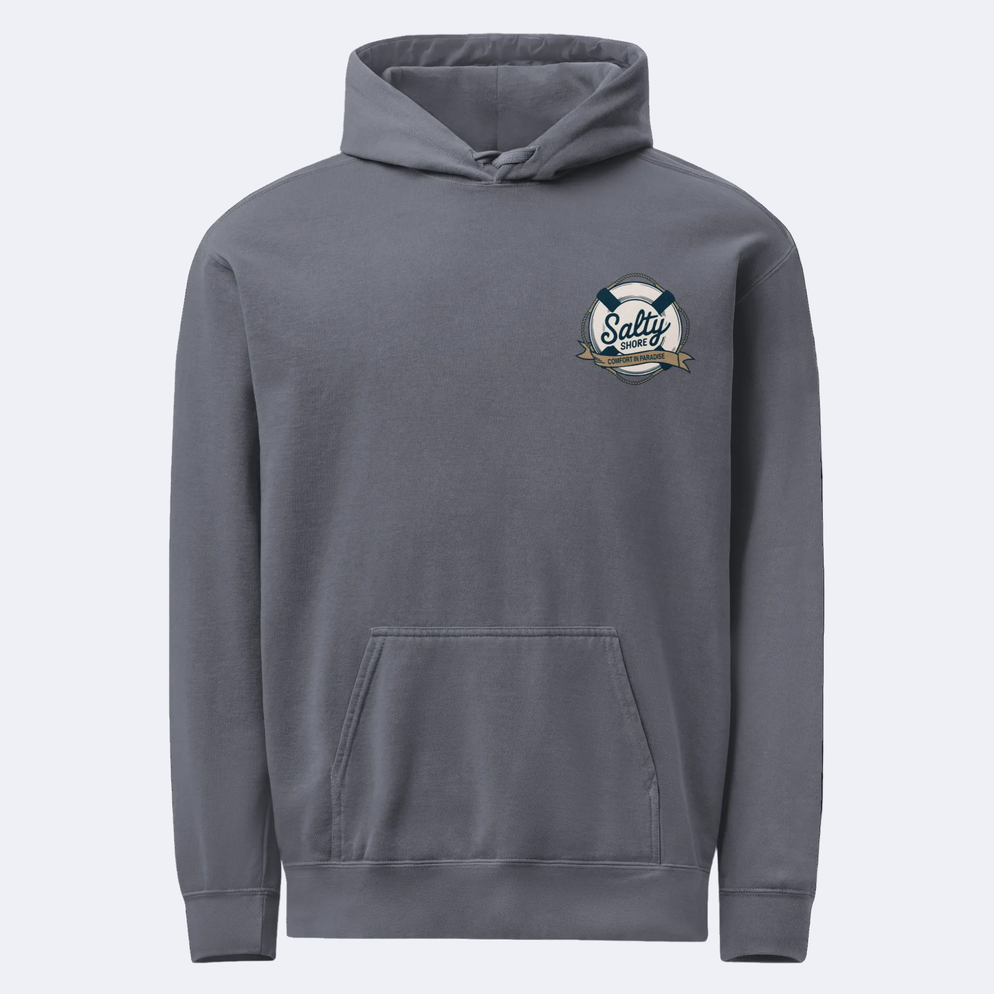 blue hoodie with a logo on the chest against a white background