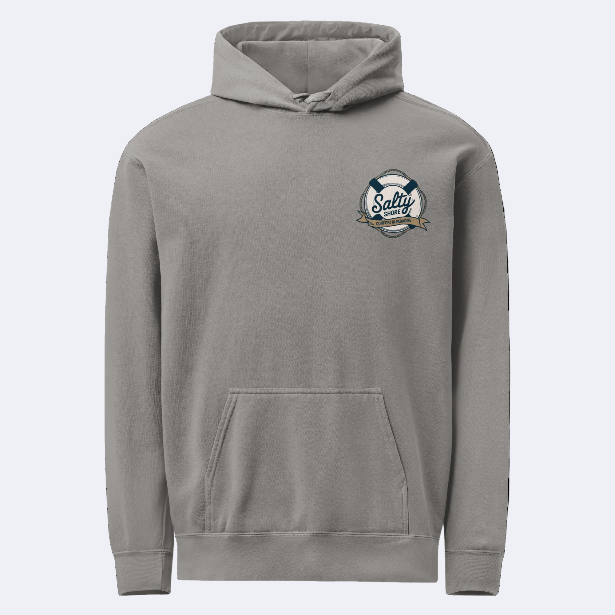 Gray hoodie with a logo on the chest against a white background